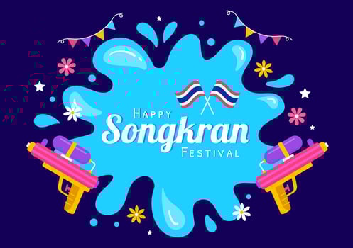 Happy Songkran Festival Day Vector Illustration with Kids Playing Water Gun in Thailand Celebration in National Holiday Flat Cartoon Background