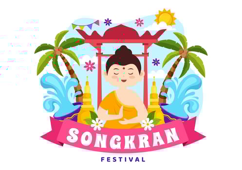 Happy Songkran Festival Day Vector Illustration with Kids Playing Water Gun in Thailand Celebration in National Holiday Flat Cartoon Background