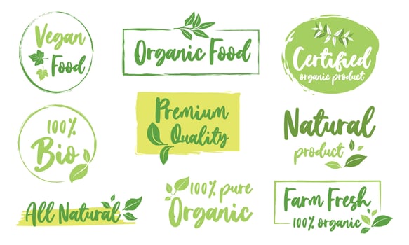 Organic food, healthy life and natural product labels and badges for food market, ecommerce, organic products promotion. vector