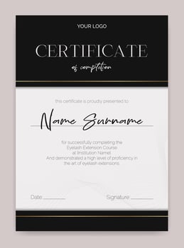 Black and white certificate template with a modern design. Perfect for beauty education, eyelash, or makeup artists. Elegant and abstract, ideal for awards or educational achievements. Not AI. vector