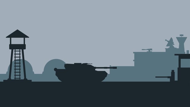 Military base landscape vector illustration. Silhouette of military base gate with tank and watchtower. Military landscape for background, wallpaper or illustration. Army training field illustration