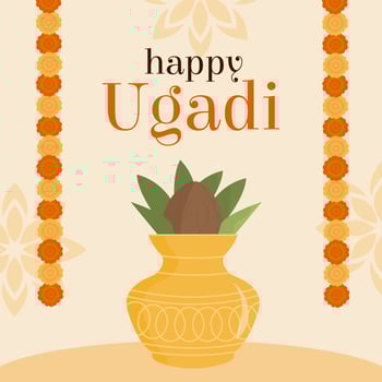 Happy Ugadi Festival Kannada Translation Happy Lunar New Year. South India Holiday. Offering of kalash, coconut and mango leaf on yellow background with marigold flowers. Trendy modern card. Vector. vector