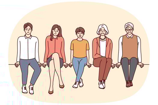 People of different ages dressed in casual style sit in row and look at screen. Vector image