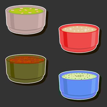 Illustration on theme big set various types beautiful tasty edible hot homemade soups vector