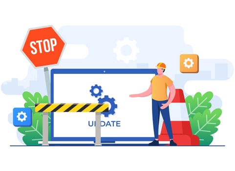 System maintenance, Error, Fixing trouble, Device updating, Software system under maintenance vector illustration, Software upgrade process on laptop, System update, People update operation system