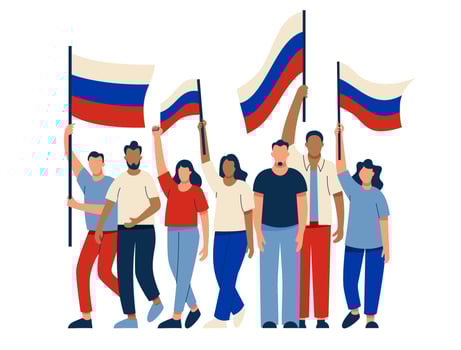 People with Russian flags at the rally. Russians are protesting. Elections, voting, freedom and rights. Vector illustration