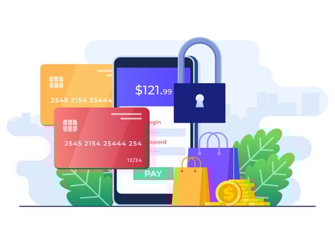 Mobile banking app concept flat illustration, Shopping online with e-wallet, Credit or debit card payment, Secure digital banking, E-wallet, Mobile money transfer, E-commerce, Cashless payment vector