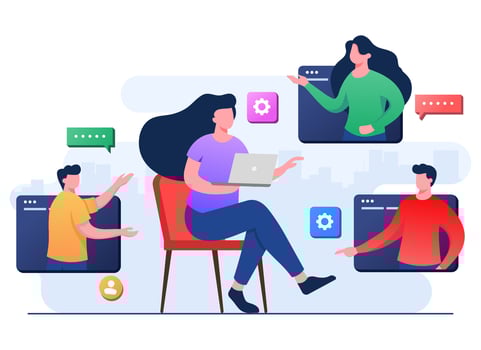 Business people meet online, Female employee speak on video call with coworkers on laptop at home, Video Conference, Team thinking and brainstorming, Remote working, Virtual meeting, Teleconference, vector