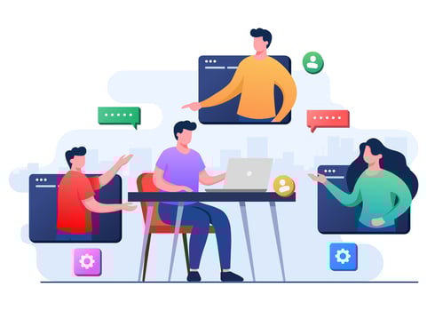Business people meet online, Male employee speak on video call with coworkers on laptop at home, Video Conference, Team thinking and brainstorming, Remote working, Virtual meeting, Teleconference, vector
