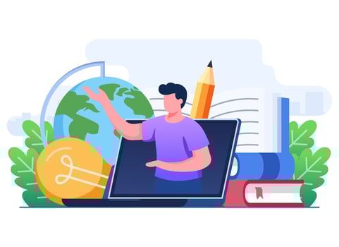 Male teacher teaching on computer screen flat vector illustration, Online education, e-learning, online course, online webinar, video tutorial