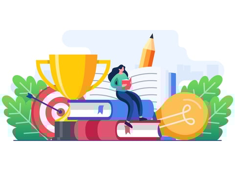 Tiny female student learning and sitting on textbook, Graduation and education concept flat illustration vector template, Undergraduate, Educational materials