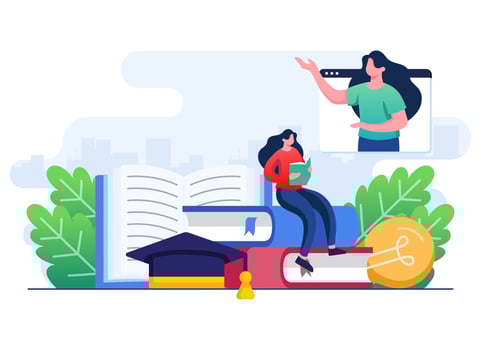 Female student learning online scene flat illustration vector template, Remote education, e-learning, online course, online webinar, video tutorial, Distant learning