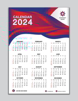 Wall calendar 2024 template on red wave background, calendar 2024 design, desk calendar 2024 design, Week start Sunday, flyer, Set of 12 Months, organizer, planner, printing media vector