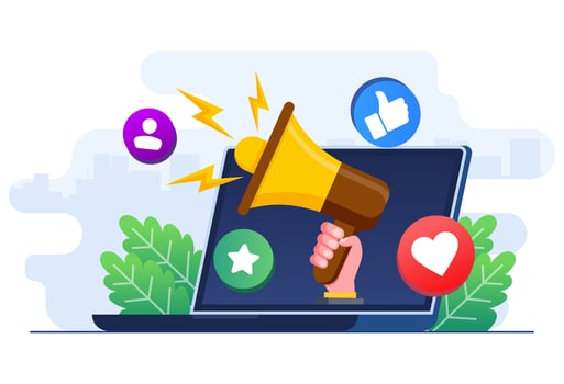 Digital marketing concept flat illustration vector template, Social media campaign, Promotion, E-commerce, Marketing agency, Megaphone on laptop screen