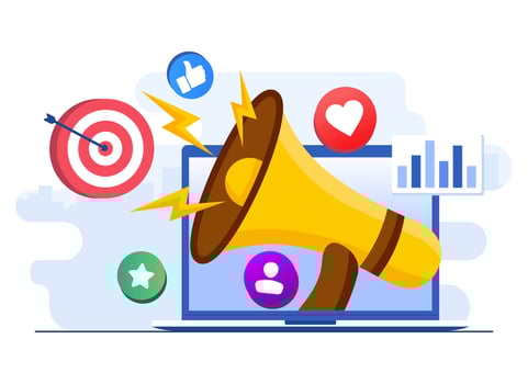 Digital marketing concept flat illustration vector template, Social media campaign, Promotion, E-commerce, Marketing agency, Megaphone on laptop screen