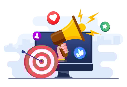 Digital marketing concept flat illustration vector template, Social media campaign, Promotion, E-commerce, Marketing agency, Megaphone on laptop screen