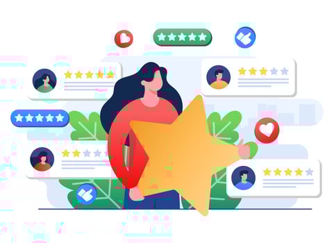 Customers leaving feedbacks to product, service, app, website, Ratings and review concept flat vector illustration, Satisfaction level, User experience, recommendations, Survey, Woman holding star