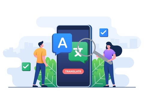 Translation concept flat illustration vector template, Translate languages, Online translator mobile application