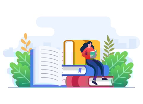 Female student reading books and preparing for exam, Education concept flat illustration vector template,