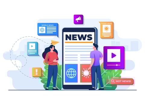 People characters browse online mass media feed on smartphone, People read news articles, Online newspaper, News web page, Internet newsletter mobile application vector