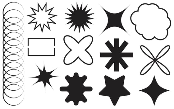 Set of geometric aesthetic abstract line frames and shapes with stars boho, brutalism, Y2K style. Geometric elements with sparkles for template design social media, poster, banner, logo, stickers vector