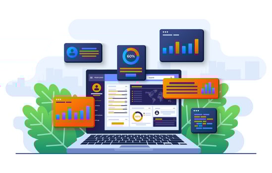data charts, graphs, and a dashboard on laptop screen, SEO marketing advertising analytics vector illustration, Marketing analytics, Market research, Business Analysis, Financial reports and research
