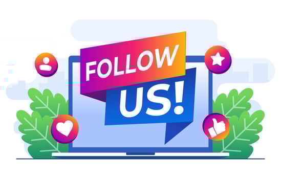 Follow us concept flat illustration vector template, Megaphone on laptop, Internet advertisement, Marketing, Social media promotion concept for web banner, landing page, mobile app, infographic