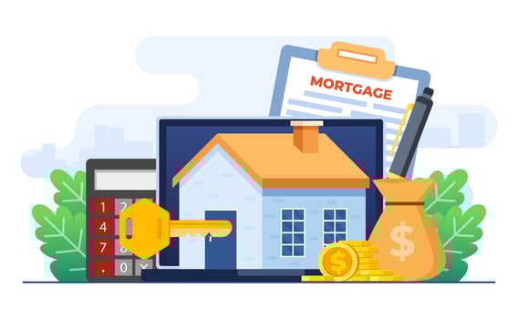 Online home loans concept flat vector illustration template, Buy and sell houses online, Mortgage, Rent, Money investment to real estate, Purchase property, Home bank credit, Residential realty asset