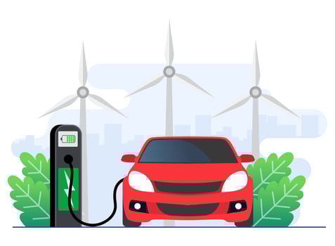 Green energy technology concept flat illustration vector template, Electric car charge battery in charging station, Ecological transport, Ecology concept, Electrified transportation e-motion,