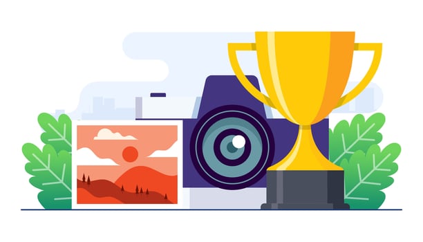Photo of landscape with a camera and a trophy, Photography competition flat vector illustration template