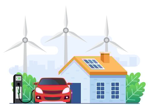 Green energy concept, Landscape with Modern House, Electric car charge battery in charging station,Solar panels and wind turbines, Energy effective house, Renewable energy, Ecology, Alternative energy vector