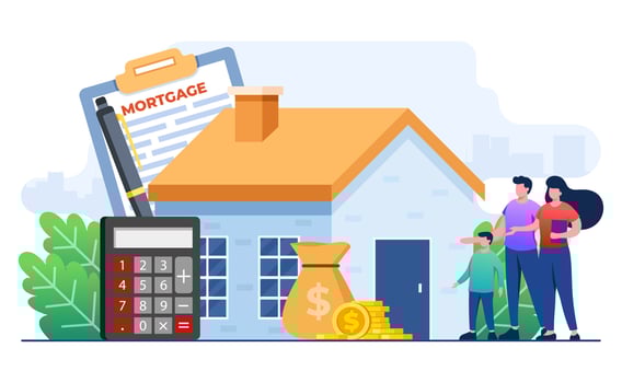 Family buying home with mortgage and paying credit to bank concept flat illustration, House loan or money investment to real estate concept template, Mortgage loan, Purchasing property, Home loan vector
