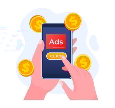 Paid advertising campaign display ads on hand holding smartphone with click button, Pay per click concept, PPC, Advertising or advertisement, Promoting brands to audience, Internet marketing concept vector
