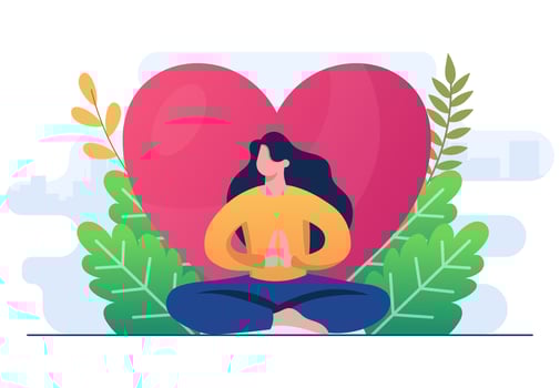 Happy International Yoga Day flat illustration vector template, Woman meditating on leaves background, Healthy lifestyle, Yoga, Meditation, Relaxation, People exercising healthy lifestyle