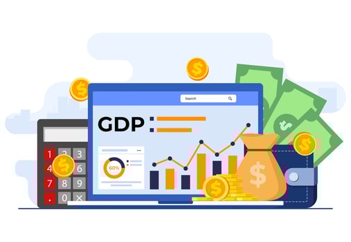 Gross domestic product concept flat illustration vector template, Stacks of money, National economy, Monetary policy, GDP,  Economic Growth, Public finance, Growth graphs and chart on laptop screen