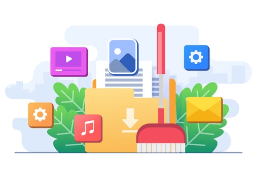 Data clean concept flat illustration vector template, Deleting cache memory, download history cloud data, Clean digital memory, Delete documents in trash, Cleaning Software