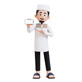 3D Characters of Muslim Man presenting on empty phone screen perfect for banner, web dan marketing material png