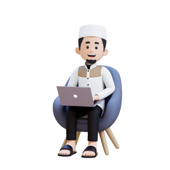 3D Characters of Muslim Man sit on sofa and working on a laptop perfect for banner, web dan marketing material png