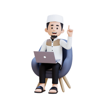 3D Characters of Muslim Man working on a laptop and pointing up perfect for banner, web dan marketing material png