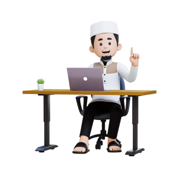 3D Characters of Muslim Man got idea and working on a laptop in working desk perfect for banner, web dan marketing material png