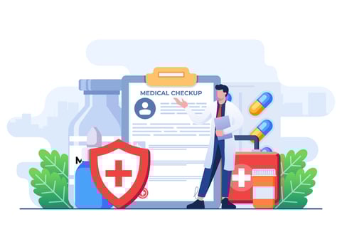 Medical checkup concept flat illustration vector template, Healthcare checkup, Hospital clinical test result paper, patient prescription data record information, diagnostic checklist service