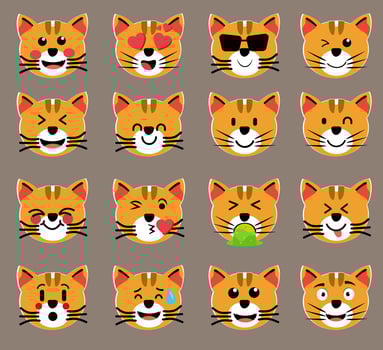 Collection of difference emoticon icon of cute orange cat cartoon on white background. 16 emoticon in vector pack illustration.