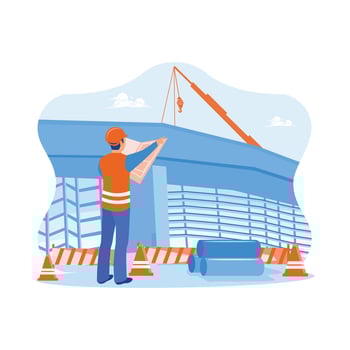 Construction engineer holding construction plans at the construction site. Checking building designs and construction plans. Construction site engineer concept. Trend Modern vector flat illustration