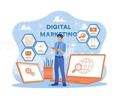 Young businessman holding notebook and pen in office space. Digital marketing concept, SEO. Digital Marketing, internet marketing concept. Trend Modern vector flat illustration