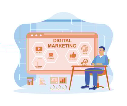 Businessman sitting in workspace. Search Engine Optimization. SEO. SMM. Video Advertising. Digital Marketing, internet marketing concept. Trend Modern vector flat illustration
