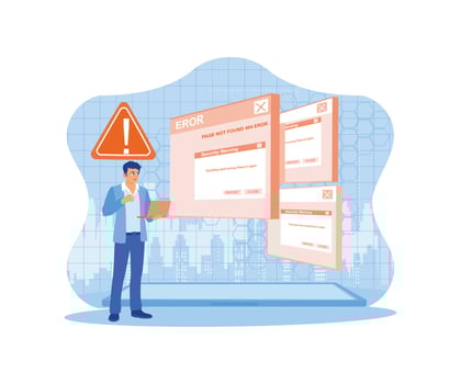 404 Error Page Not Found. Using a laptop with a warning triangle to notify errors and maintenance concept. 404 error page concept. trend modern flat vector illustration