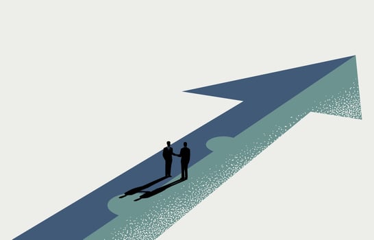 Business partnership, merger and acquisition concept, businessmen handshaking on assembled arrow jigsaw, vector illustration.