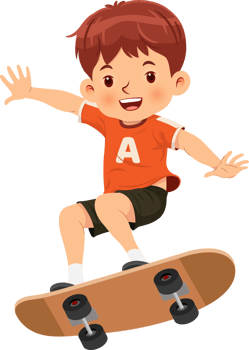 Happy smiling boy has riding on a skateboard png