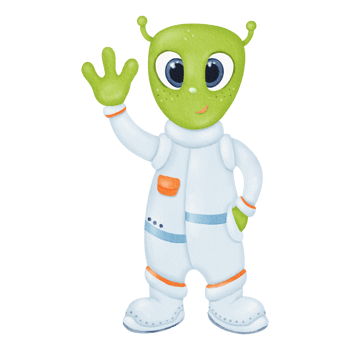 A funny cute alien waves its hand. A green, friendly extraterrestrial. Character in a spacesuit. Space theme. Extraterrestrial creature, science fiction. Watercolor isolated children's illustration png