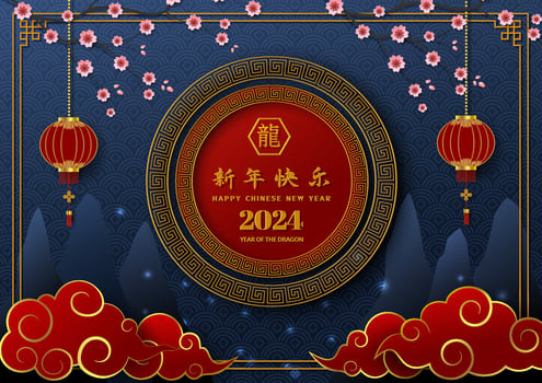 Happy Chinese new year 2024,dragon zodiac sign on blue background,Chinese translate mean happy new year 2024,year of the dragon vector